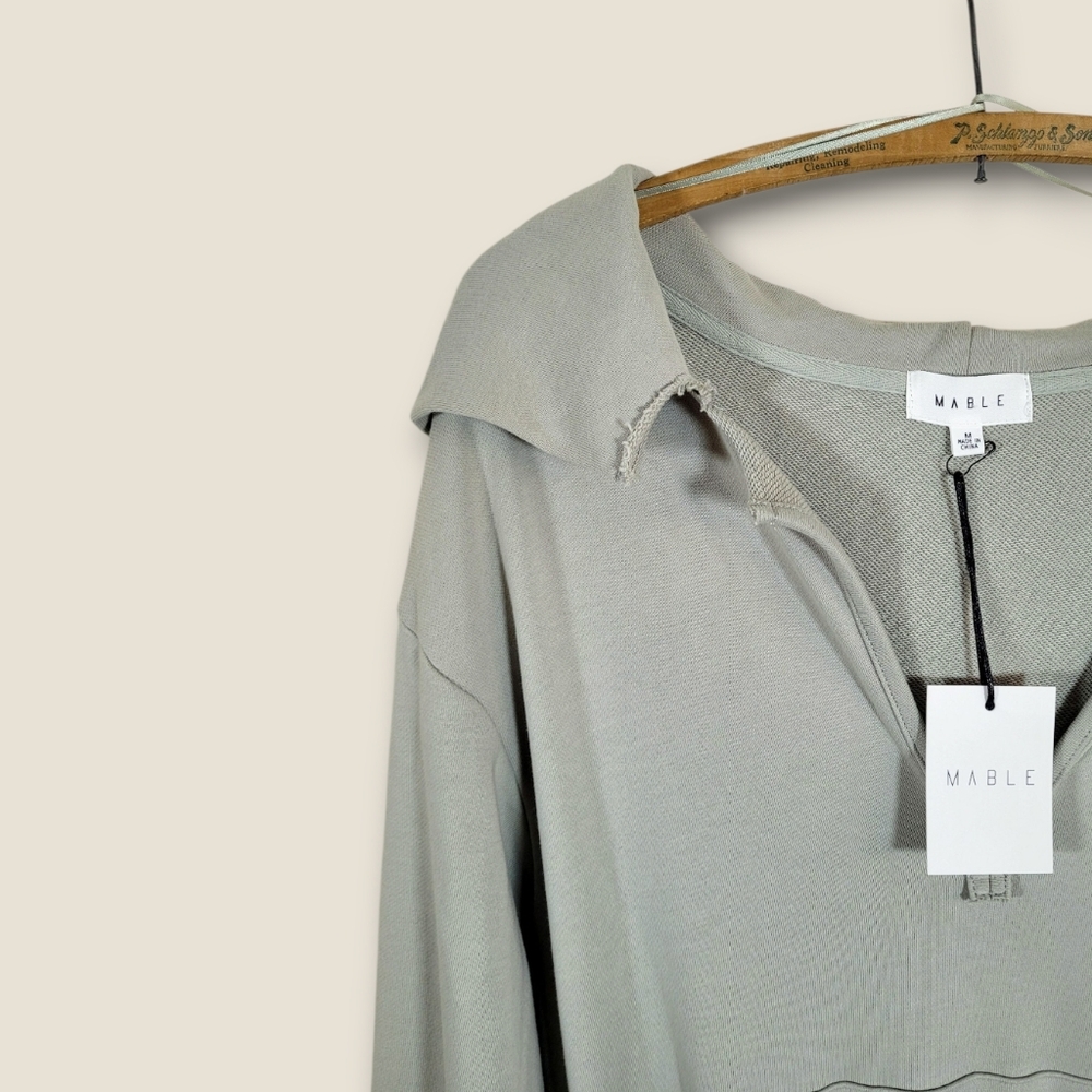 NWT MABLE French Terry Long Sleeve V-Neck Hooded Drawstring Waist Sage Romper M - Picture 4 of 14